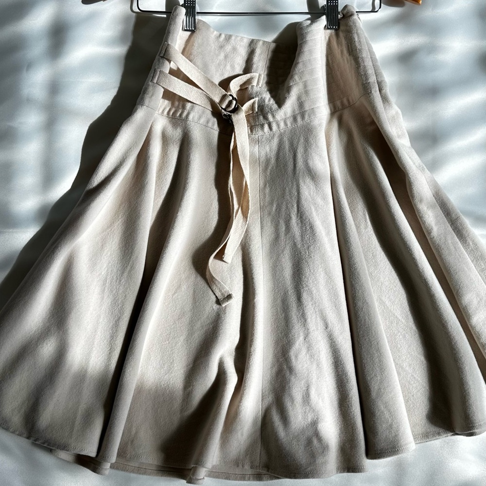 Vintage 1990s Chic Nude Beige A-Line Skirt with Buckle and Hanging Waist Accent